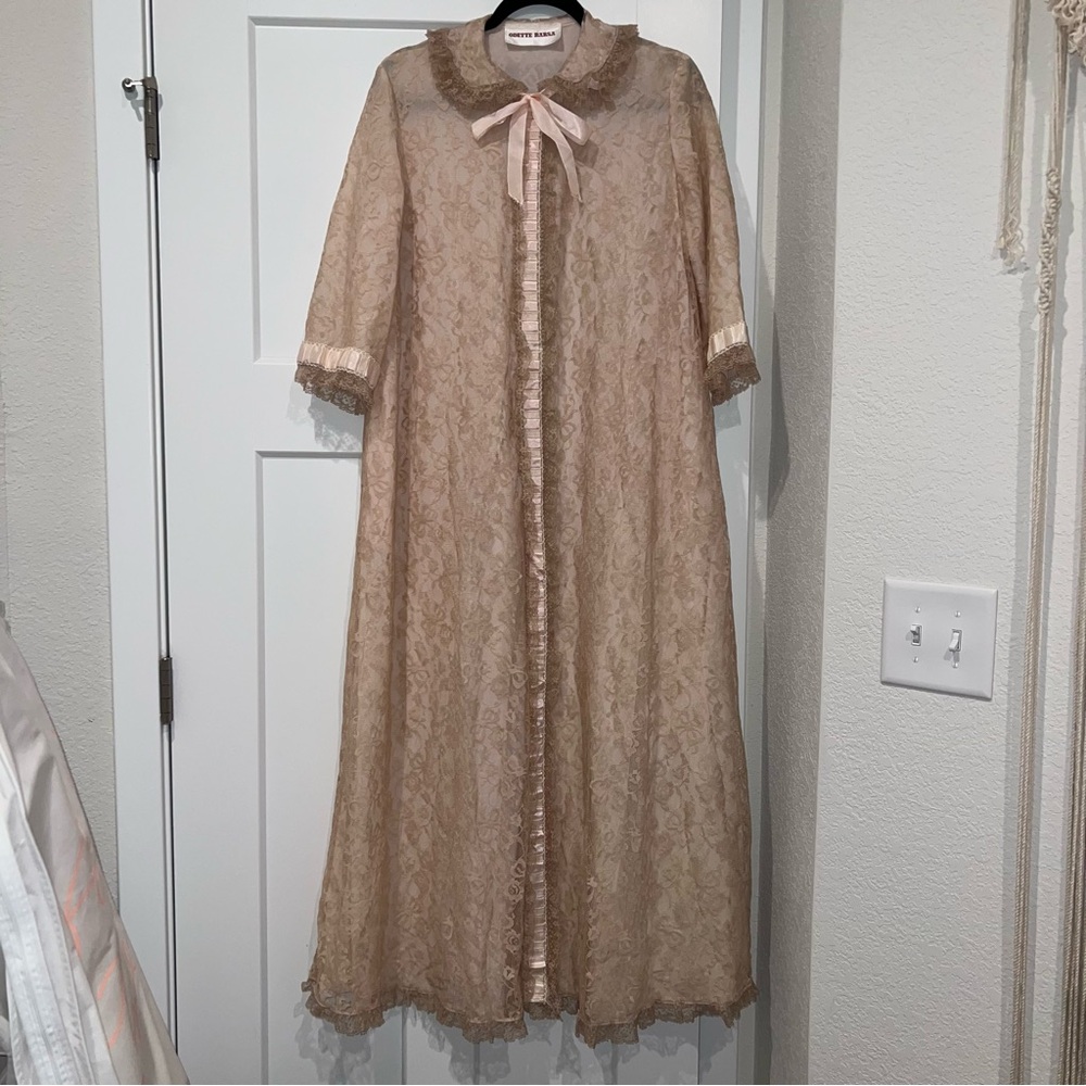 VINTAGE 1950s Odette Barsa Pink Lace Peignoir Robe Dressing Gown | Size Large